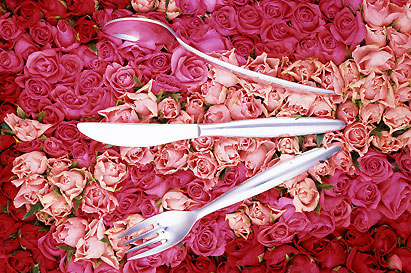 Keywords: roses silver wares red flowers still life knife 