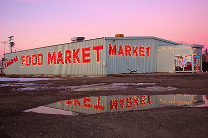 Keywords: food market wharehouse evening neon lights red rose puddle california usa reflections 
